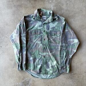VINTAGE 80S 90S FIVE BROTHER CAMO BUTTON UP SHIRT GREEN OUTDOORS MENS MEDIUM